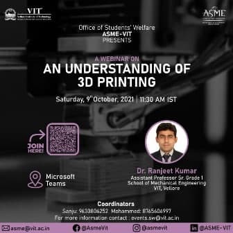 VIT_univ's tweet photo. ASME-VIT presents a session on β3D Printingβ by Mr. Ranjeet Kumar.
Time: 11:30 IST
Platform: Microsoft Teams
Link : https://t.co/DYiH1efsbh
#VIT
#VelloreInstituteofTechnology
#StudentClubsAndChapters
#3DPrinting
#ComputerAidedDesign
#ASMEVIT
#TodayAtVIT https://t.co/E25KVMv7Mw