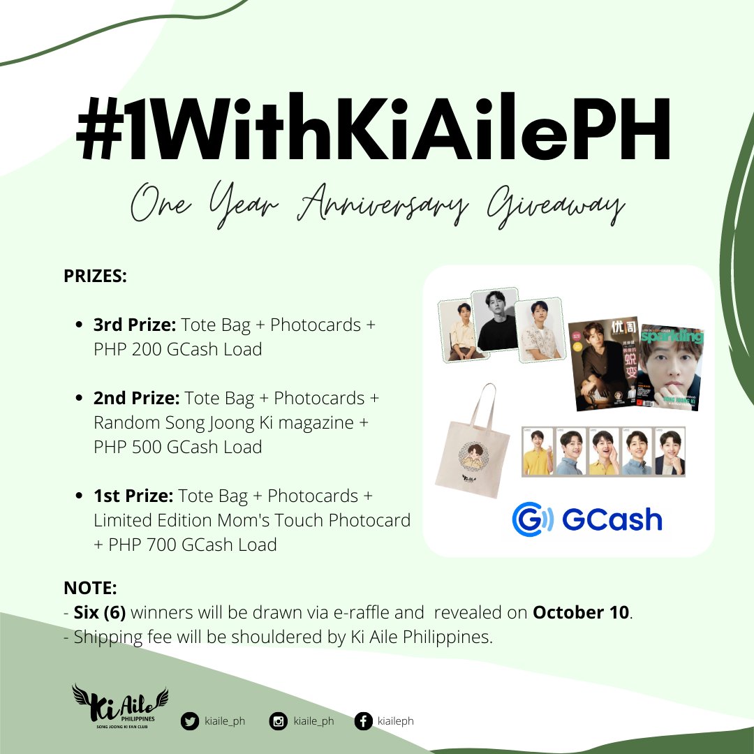 [1 YEAR ANNIVERSARY GIVEAWAY] 

Get a chance to win tote bag, GCash load, random #SongJoongKi photocard &amp; magazines, &amp; limited edition Mom's Touch photocard in easy steps!

Answers will be accepted only until today, Oct 9 at 9PM KST. 😊

Mechanics below ⬇️
#1WithKiAilePH #송중기