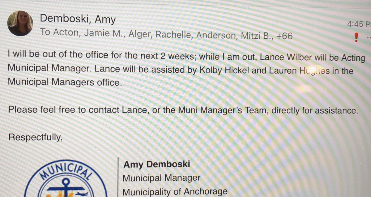 AK_cases_bot's tweet photo. Left: current Muni Manager Dembowski's notice of 2-week leave = an informal email at 4:45 pm on Friday sent to 69 people. 

Right: former Muni Manager Falsey's notice of 2-week leave = a formal Memorandum distributed through channels to everyone, with contact info. https://t.co/X8H3KTa6mN