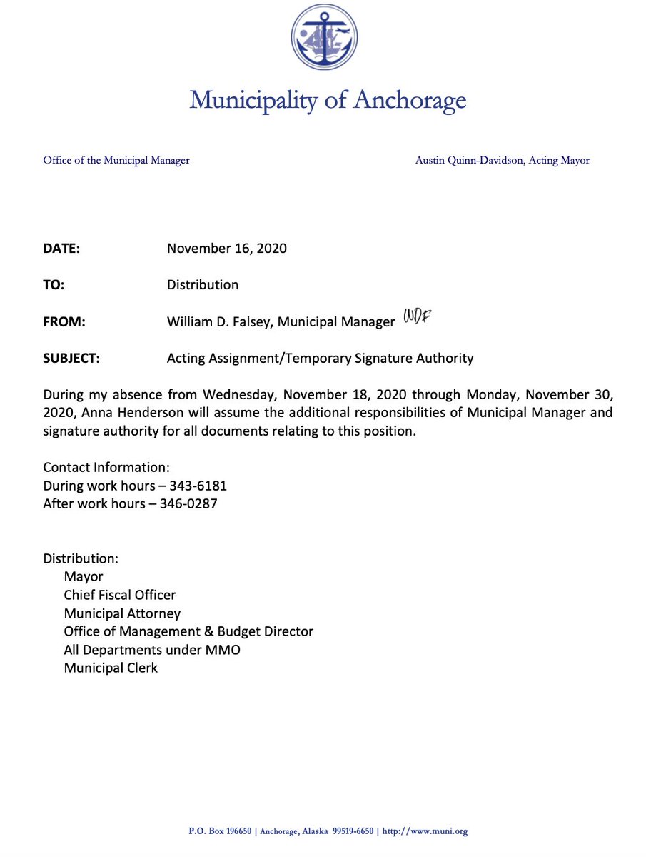 AK_cases_bot's tweet photo. Left: current Muni Manager Dembowski's notice of 2-week leave = an informal email at 4:45 pm on Friday sent to 69 people. 

Right: former Muni Manager Falsey's notice of 2-week leave = a formal Memorandum distributed through channels to everyone, with contact info. https://t.co/X8H3KTa6mN