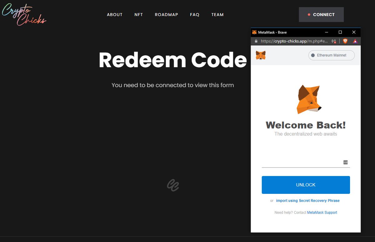 ⚠ This phishing site opens a fake MetaMask POPUP TAB instead of just  overlaying on the site. It looks scarily accurate and can EASILY trick an  unsuspecting user.