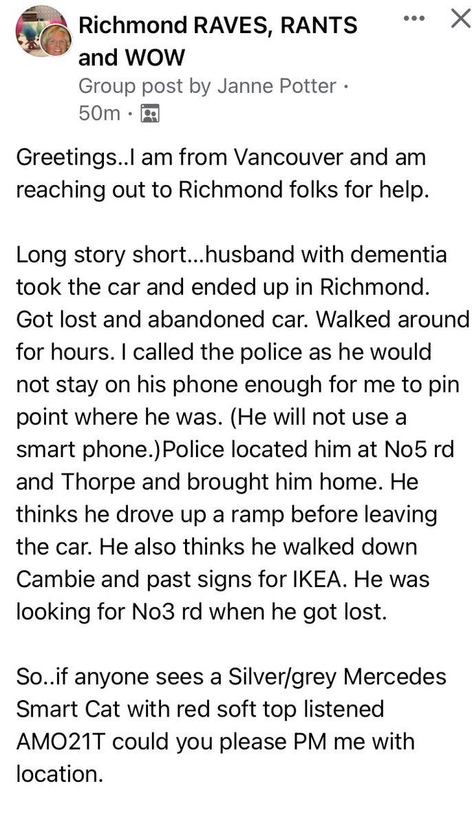 A Vancouver woman is hoping for help to locate the family car, which husband with dementia left somewhere in #RichmondBC   She posted this on @Facebook group. Please share. Thanks.