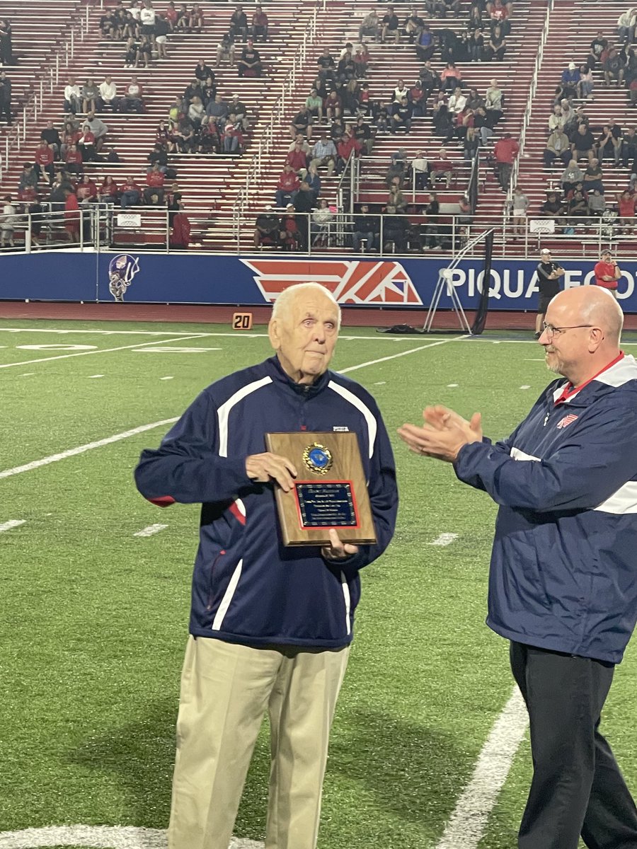 One of the great highlights tonight was honoring the great Duane Bachman who served as superintendent of the district for many years and was the long time voice of the Piqua Indians! Thank you Duane for all you have done for our district and community! #WeArePiqua