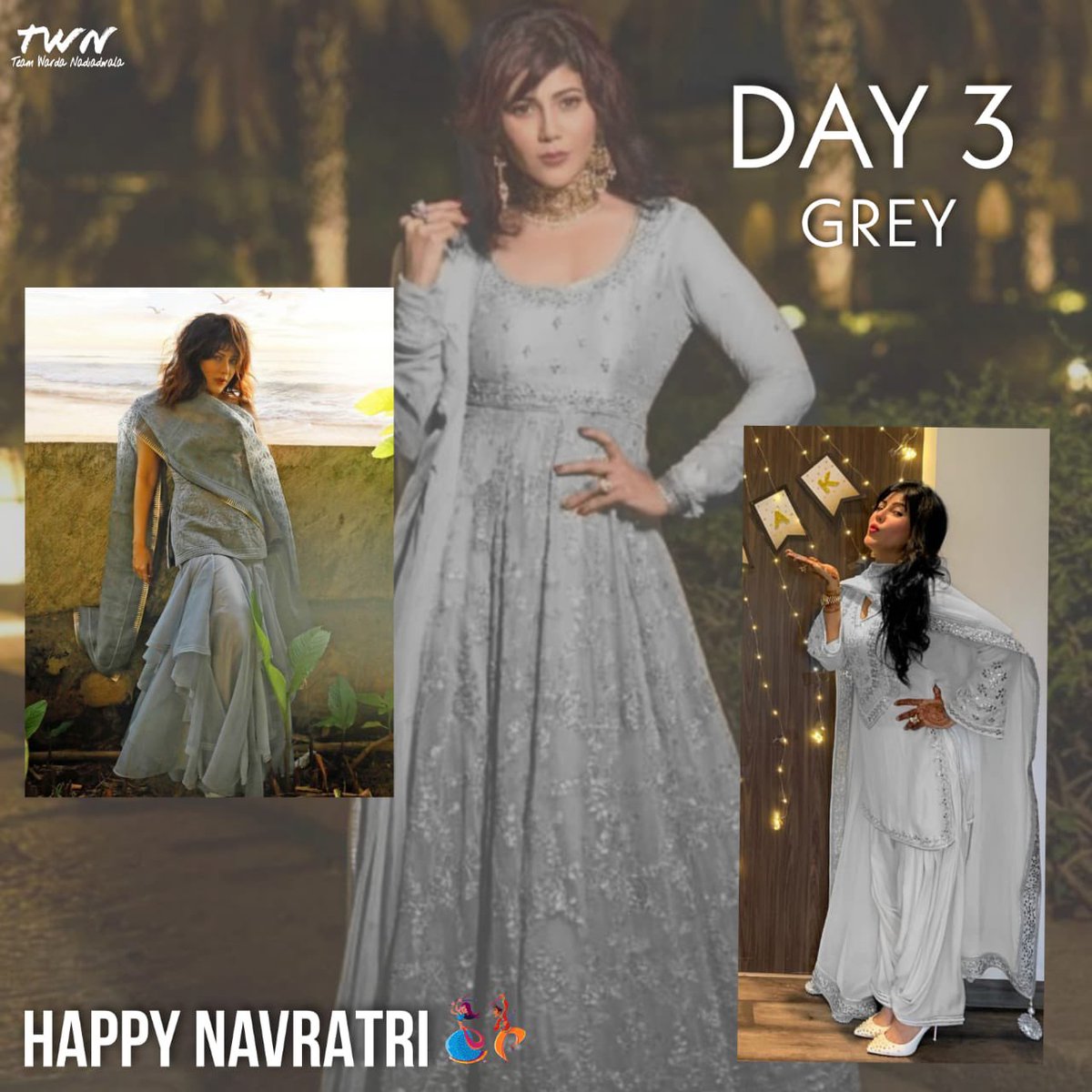 TeamWarda_N's tweet photo. The colour of the third day is grey, a colour which stands for the strength of transforming and exactly defines our queen 👸🏻 @WardaNadiadwala 

#navratri #navratri2021 #greydress #greyday https://t.co/w7oYtue1Po