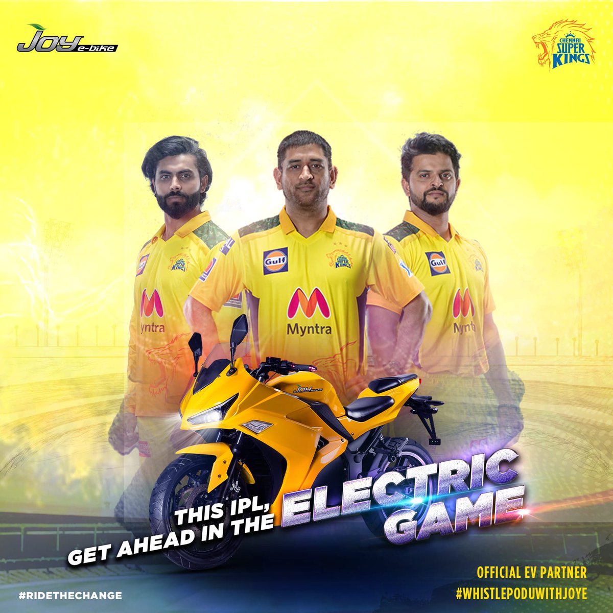 ChennaiIPL's tweet photo. The change begins when you take the first step of the journey! 🏍️

#WhistlePodu #Yellove 🦁💛 @joy_ebike https://t.co/kxRWRt8vhH