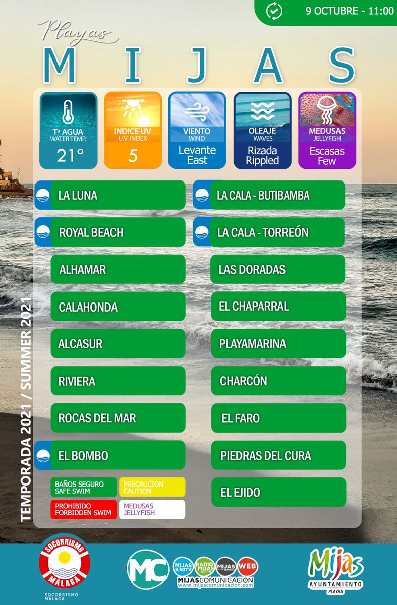 MijasCom's tweet photo. #Playas | #Mijas
#Hoy | ☀️Sábado, 9 de octubre  
🏖Estado de las playas
🆘 @SocorrismoMLG https://t.co/bCGwtBqKuI