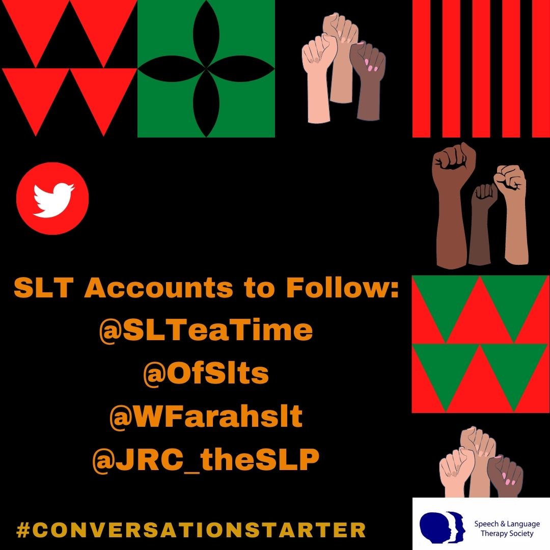 readingSLTsoc's tweet photo. We think it's important that the accounts we follow include inspiring voices of representation and anti-racism in the SLT profession. Who do you follow? Who inspires you? Let's celebrate them! #BHM #ConversationStarter #UORSLTSoc #SLT2B https://t.co/P5bO91wuaC