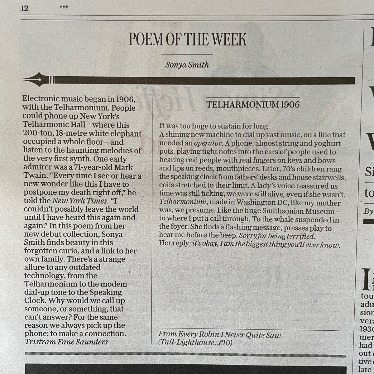 Pighog's tweet photo. Thanks @TATFS for choosing Sonya Smith’s poem Telharmonium 1906 from her absolutely gorgeous debut collection ‘every robin I never quite saw’ as the Telegraph’s Poem of the Week! Pighog will be helping organise the physical world launch in Brighton in December. Watch this space! https://t.co/03yJOkXaqI