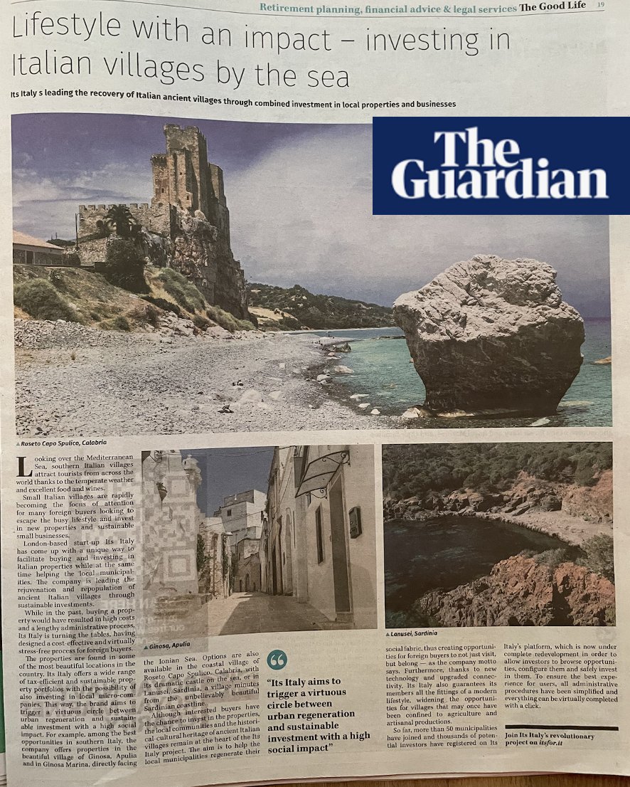ITSforItaly's tweet photo. On today's (9.10) @guardian #thegoodlife: 'Lifestyle with an impact - investing in Italian villages by the sea. ITS ITALY's leading the recovery of Italian ancient villages through combined investment in local properties and businesses'. 
#borghi #villages #impact #investment https://t.co/T8e4GWmhKz
