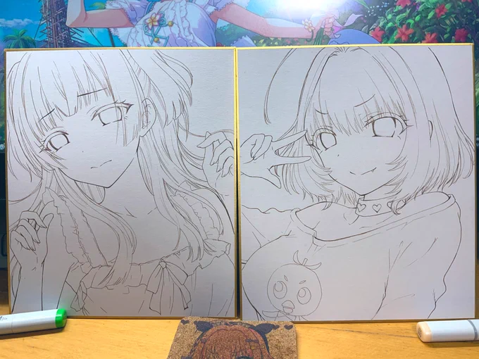 色紙・・・なのですが、ちょっと塗りが間に合いそうにないので今回は持っていくの諦めます。。。ペン入れまでは出来たので、もう何枚か増やしてBOOTHに出品します。。。
その代わり、今回は先着になりますがスケッチブックを受け付けますね❤️ 