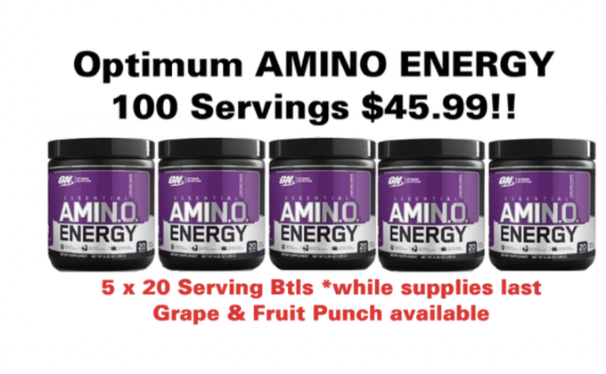 WHILE SUPPLIES LAST

Get 5, 20 serving sized bottles, that's 100 servings -  of Optimum Nutrition Amino Energy - Fruit Punch and Grape flavor - for only $29.99 with coupon DPS10!

Order now at -> https://t.co/tILcFd5WZs

#OptimumNutrition #TrueStrength @Team_Optimum https://t.co/wOGDikaizO