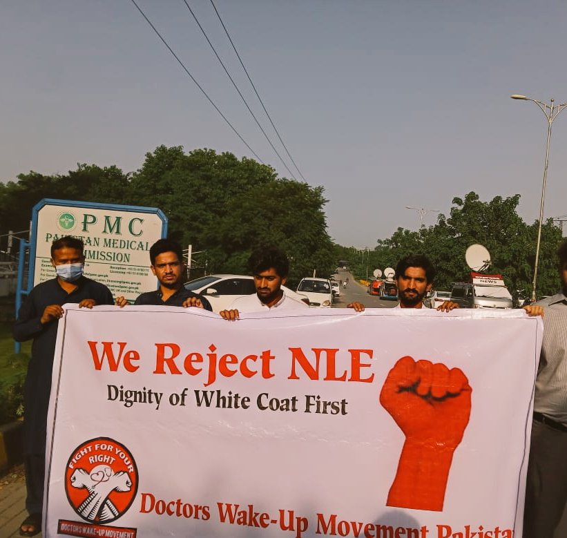 DWMOfficial's tweet photo. DWM-Pakistan did protest against PMC at D-Chowk &amp; outside PMC Office Islamabad recently over the reservations on NLE &amp; MDCAT. This is not our last power show,but the regular protests against PMC will continue till the final victory.

#SHAMEONPMC #DWM
#MdcatStudentsWantJustice https://t.co/rF5KooalKw