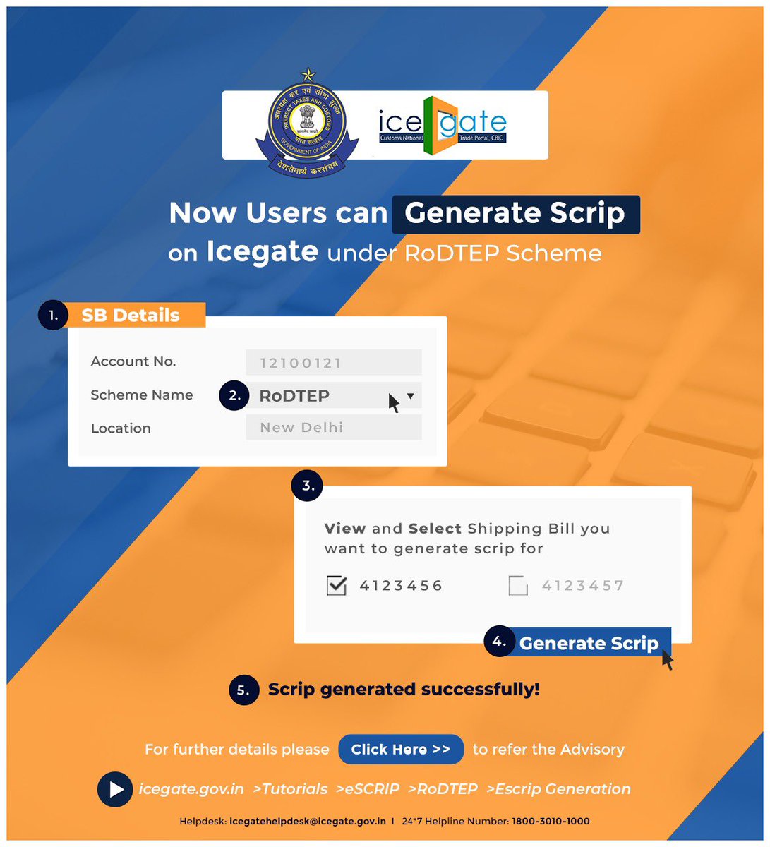 cbic_india's tweet photo. The facility for generating e-scrips by exporters for their RoDTEP exports has been made live by Customs on ICEGATE. https://t.co/6nH3ha3Mr7