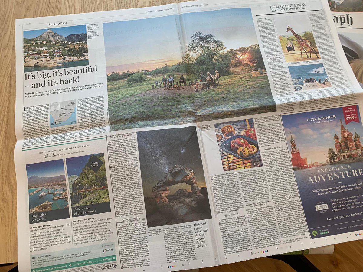 jeanscheltema's tweet image. Two-page spread in the travel section of the Telegraph. South Africa is back on the radar, off the red list and drawing our all-important UK source market for the festive season 👊🏻 #tourism #offtheredlist #travelcapetown #travelmedia