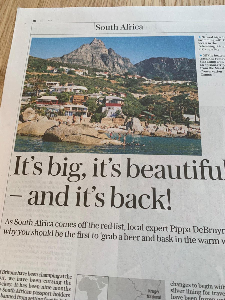 jeanscheltema's tweet image. Two-page spread in the travel section of the Telegraph. South Africa is back on the radar, off the red list and drawing our all-important UK source market for the festive season 👊🏻 #tourism #offtheredlist #travelcapetown #travelmedia