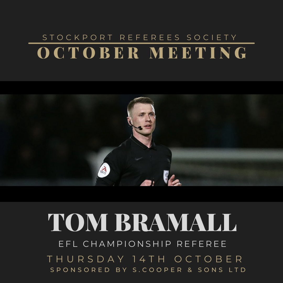 💡GUEST ANNOUNCEMENT | Stockport Referees are delighted to announce that Select Group 2 Referee Tom Bramall will be the guest speaker for our October Meeting.