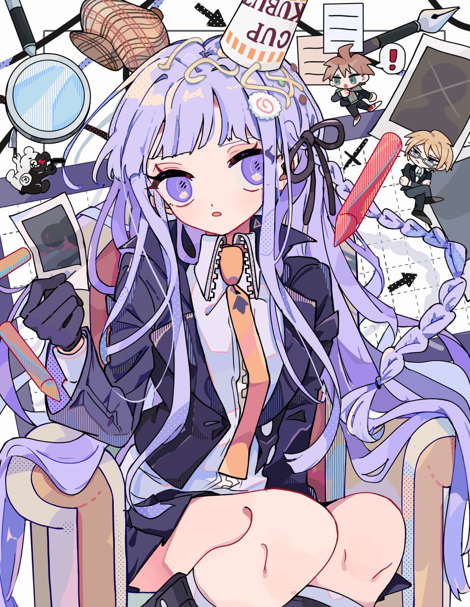 kirigiri kyouko ,naegi makoto 1girl magnifying glass jacket noodles ramen long hair gloves  illustration images