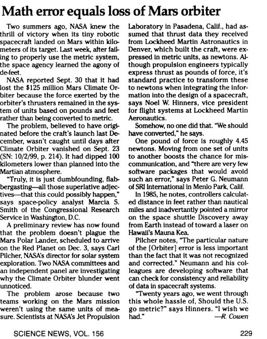 #OTD in 1999, an Science News story on the loss of the $125 million Mars Climate Orbiter included one of our favorite sentences: "After failing to properly use the metric system, the space agency learned the agony of de-feet." #SN100  sciencenews.org/archive/math-e…