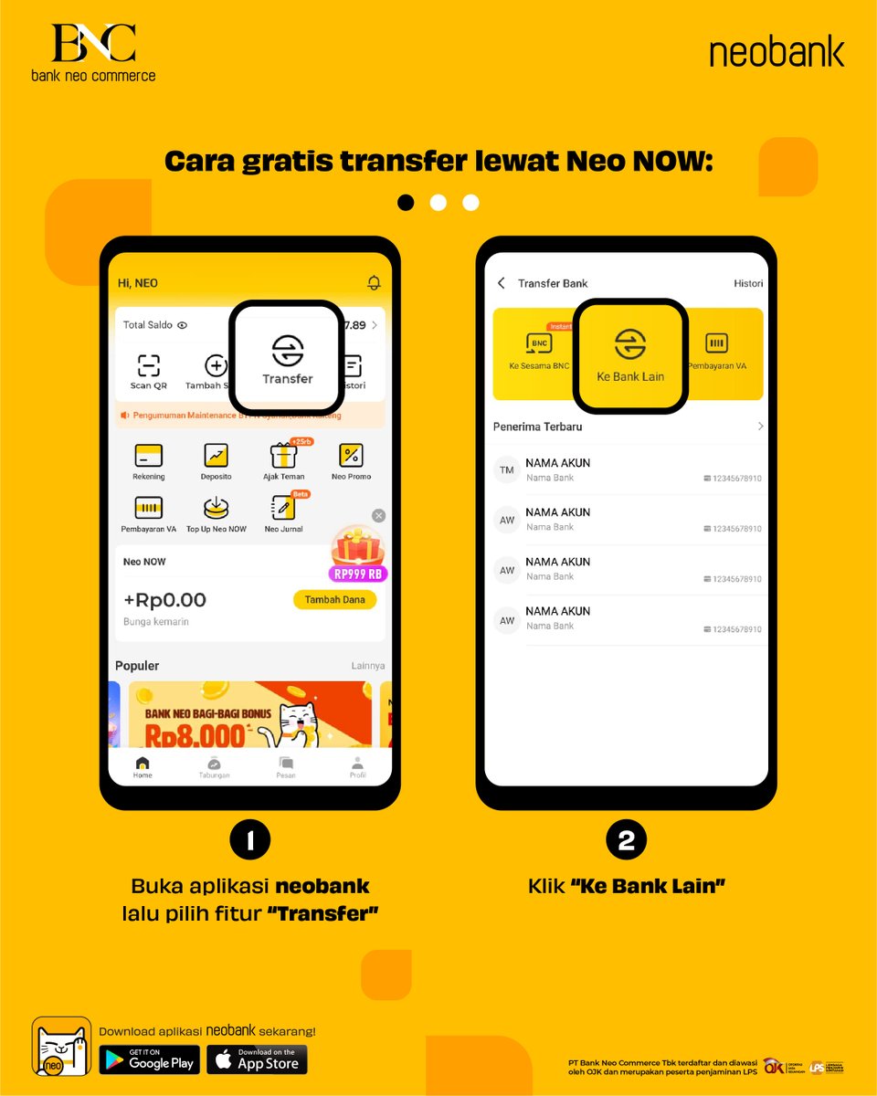 bankneocommerce's tweet photo. Begini caranya transfer dari tabungan Neo NOW!
Bank Neo Commerce terdaftar dan diawasi Otoritas Jasa Keuangan
#BeraniLebih #NeoNOW #gratistransfer https://t.co/e2VQBkGtBF