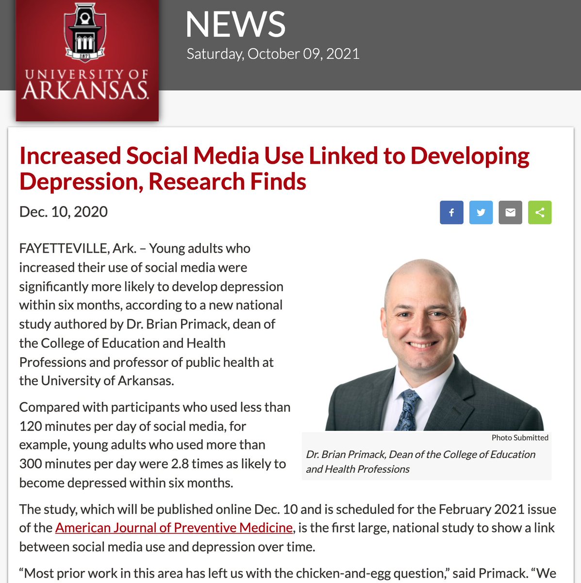 TheronMott's tweet photo. Univ. of Arkansas study finds, "Compared with participants who used less than 120 minutes per day of social media, for example, young adults who used more than 300 minutes per day were 2.8 times as likely to become depressed within six months." https://t.co/gvaXy6WcrK https://t.co/pkusarrZcy