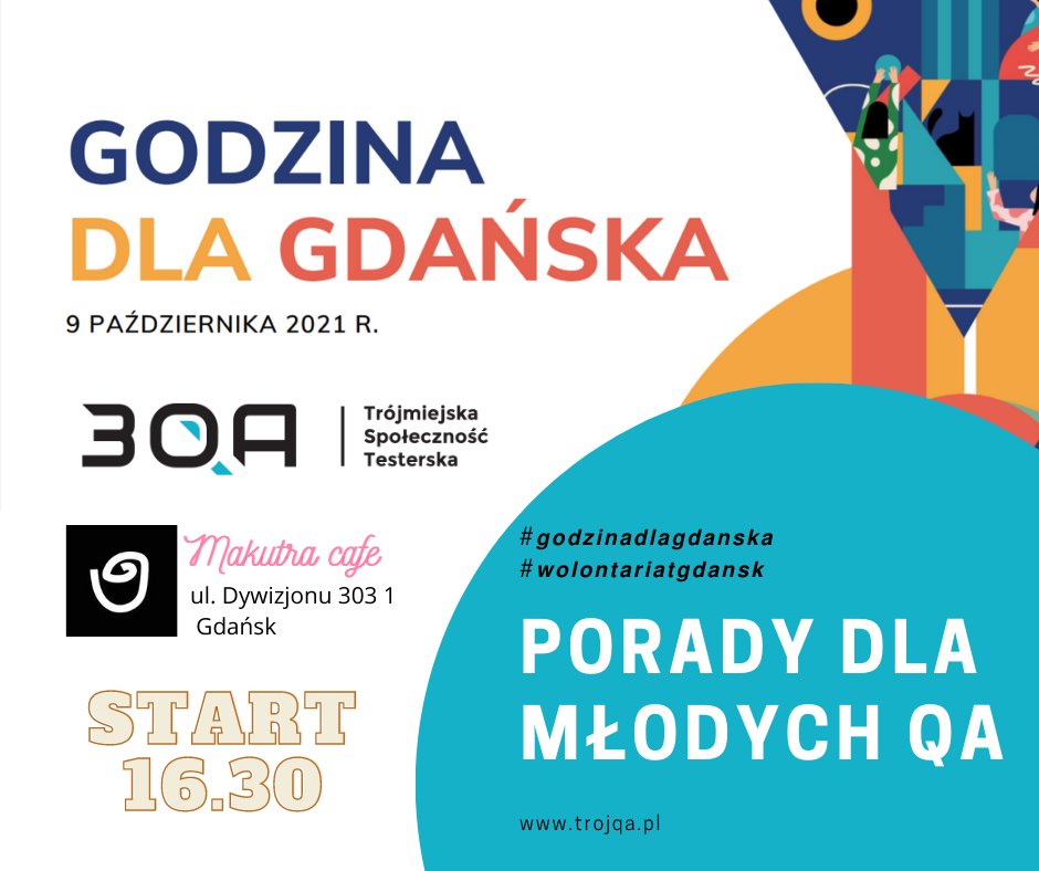 Cześć! To już dzisiaj  #𝙜𝙤𝙙𝙯𝙞𝙣𝙖𝙙𝙡𝙖𝙜𝙙𝙖𝙣𝙨𝙠𝙖 #𝙬𝙤𝙡𝙤𝙣𝙩𝙖𝙧𝙞𝙖𝙩𝙜𝙙𝙖𝙣𝙨𝙠 W ramach akcji zapraszamy wszystkich, którzy chcą wejść do branży IT w roli Testera. Porozmawiamy w kameralnym miejscu Cafe Makutra ul. Dywizjonu 303 1 Gdańsk / SKM Zaspa
