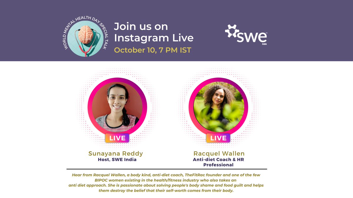SWEIndia's tweet photo. 🚨 We are going Live on World Mental Health Day - October 10, 7 PM IST with another special guest, Racquel Wallen 🚨

Join us @swe.india on Instagram https://t.co/qRTukBPY6j to explore more about physical and mental health on World Mental Health Day with Racquel Wallen

#SWEIndia https://t.co/10w5TsLlhC