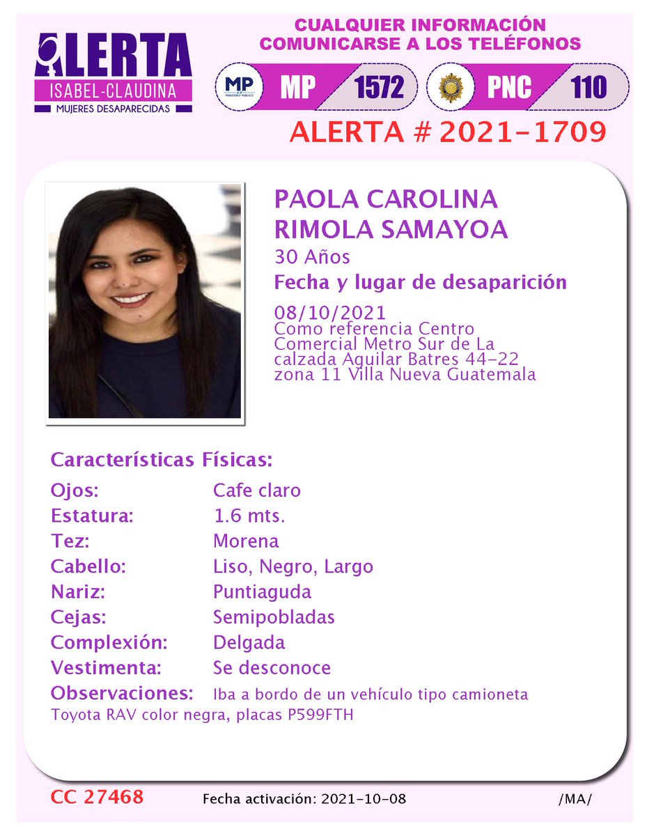 isabel_claudina's tweet photo. #AlertaIsabelClaudina
🚨 Ayúdenos a encontrar a
Paola Carolina Rimola Samayoa
Desapareció  el  08 de Octubre de 2021
Cualquier información comunicarse al teléfono 📞 1572
Gracias por difundir esta información❗ https://t.co/TIYFCrwCTS