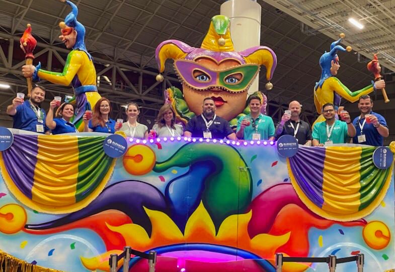 ElevatorEmr's tweet photo. Thanks to EFS “Krewes” for sponsoring the  traditional NOLA float, Jambalaya￼ and bead throws at the annual NAEC trade show in New Orleans Louisiana. #NAEC #EMRelevator #premierelevator #OracleElevator #naec2021 #NAECnola #EFS https://t.co/V8iSu7icpR