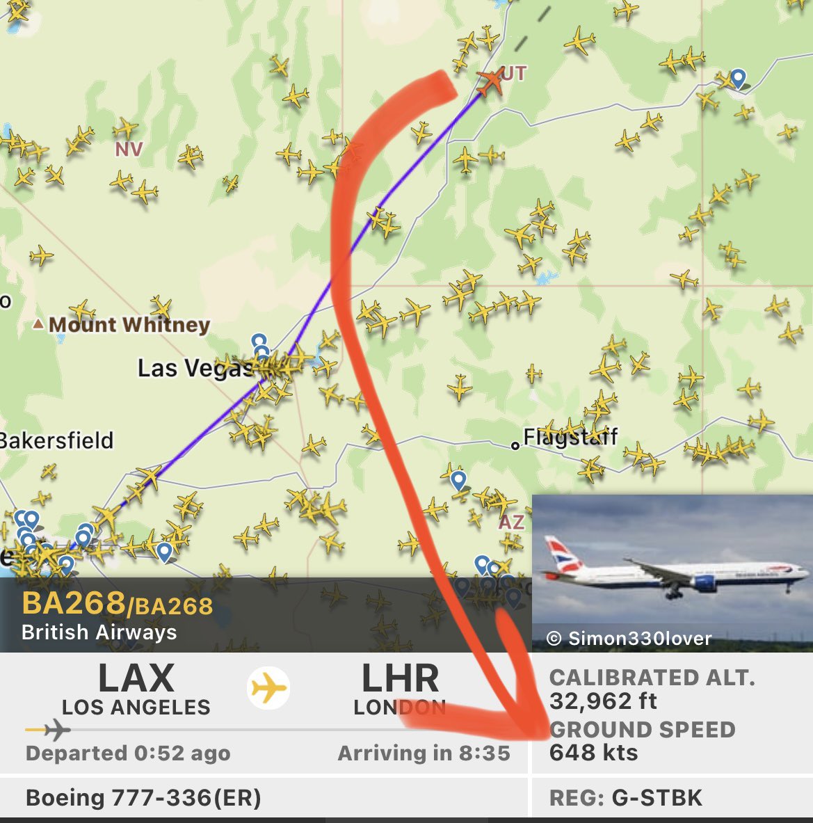 Chris_Chmura's tweet photo. Boom! 
Tonight, #BA268 from LAX to LHR is booking it. And just inches from the speed of sound. @flightradar24 https://t.co/UNcr2cyWVD