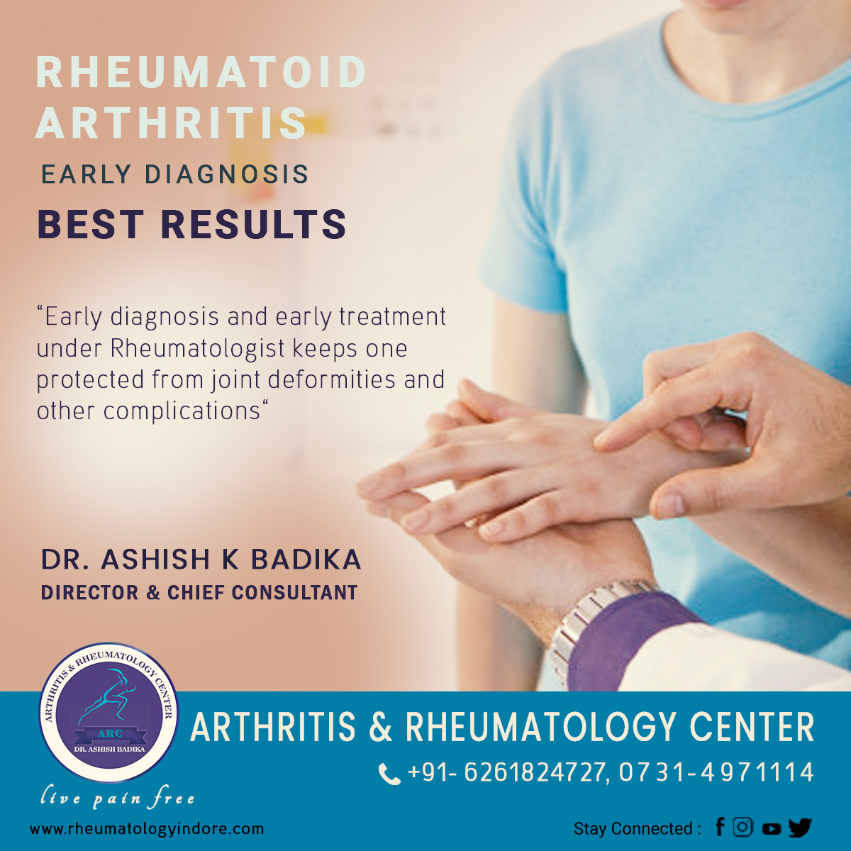 arccenter1's tweet photo. Rheumatoid Arthritis- Early Diagnosis, Best Results - Dr. Ashish Badika, Book Appointment

Get more information related to Arthritis &amp; Rheumatology Treatment Visit: https://t.co/br90jVVVbI
and contact on 62618 24727.

#rheumatoidArthritisTreatment #rheumatoidarthritis #health https://t.co/2A51Eky4X2
