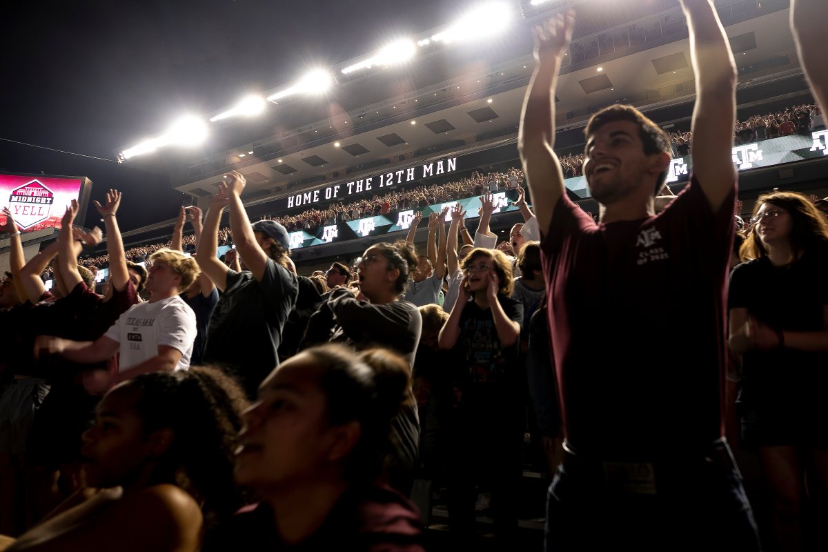 TAMU's tweet photo. The #12thMan showed up for tonight's #MidnightYell! 🗣️

We'll see — and hear — you in Kyle tomorrow, Aggies! #BTHOalabama https://t.co/NlSwYmLDyd