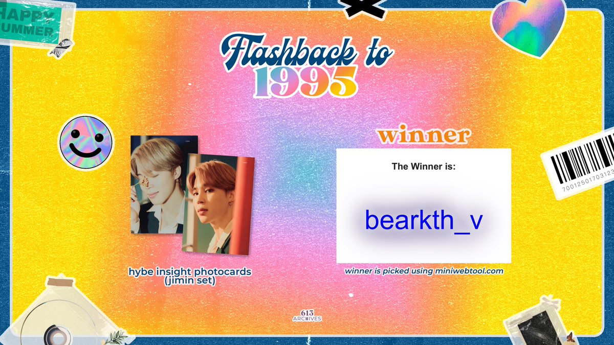 613ARCHIVES's tweet photo. FLASHBACK TO 1995 💖
A stay-at-home cupsleeve event for BTS Jimin

— Raffle Giveaway Winner
Congratulations @bearkth_v! 💜

Thank you to everyone that participated in our Jimin event ✨

#FlashbackTo1995 #Jimin1995 https://t.co/0d8uo7pMI0