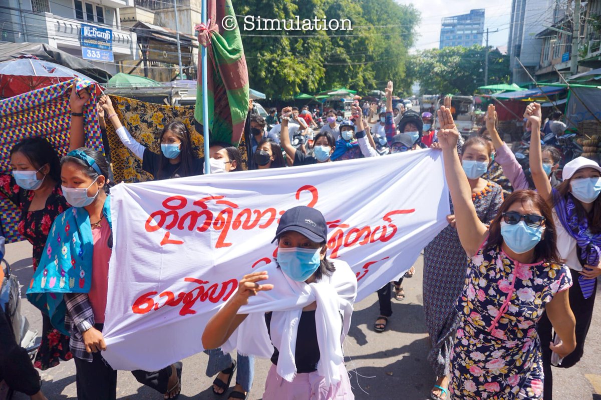 IrrawaddyNews's tweet photo. Women from Mandalay took to the streets on Saturday to show their opposition to the military regime. 
(Photo: Simulation) 
#WhatsHappeningInMyanmar https://t.co/ScMdWc8fMU