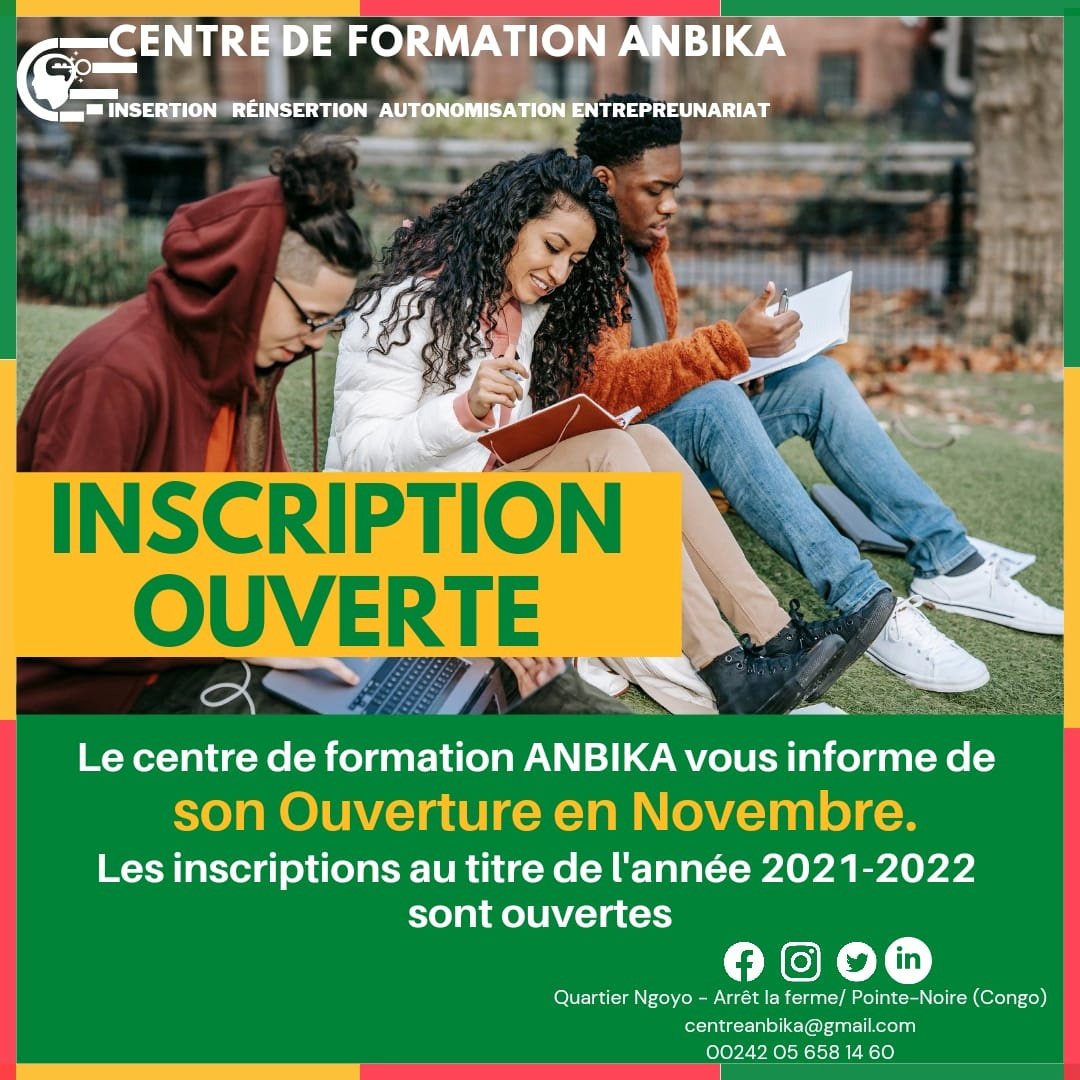 BlondeOnongo's tweet photo. Les inscriptions au titre de l'année 2021-2022 sont ouvertes.
Lieu: Pointe-Noire,  Quartier Ngoyo, arrêt la ferme.

Les filières disponibles sont:
Couture-Broderie 
Coiffure- esthétique
Informatique- infographie
Boulangerie pâtisserie et agro-pastorale 
#ChezMoiAuCongo https://t.co/AeSNa2lBPc