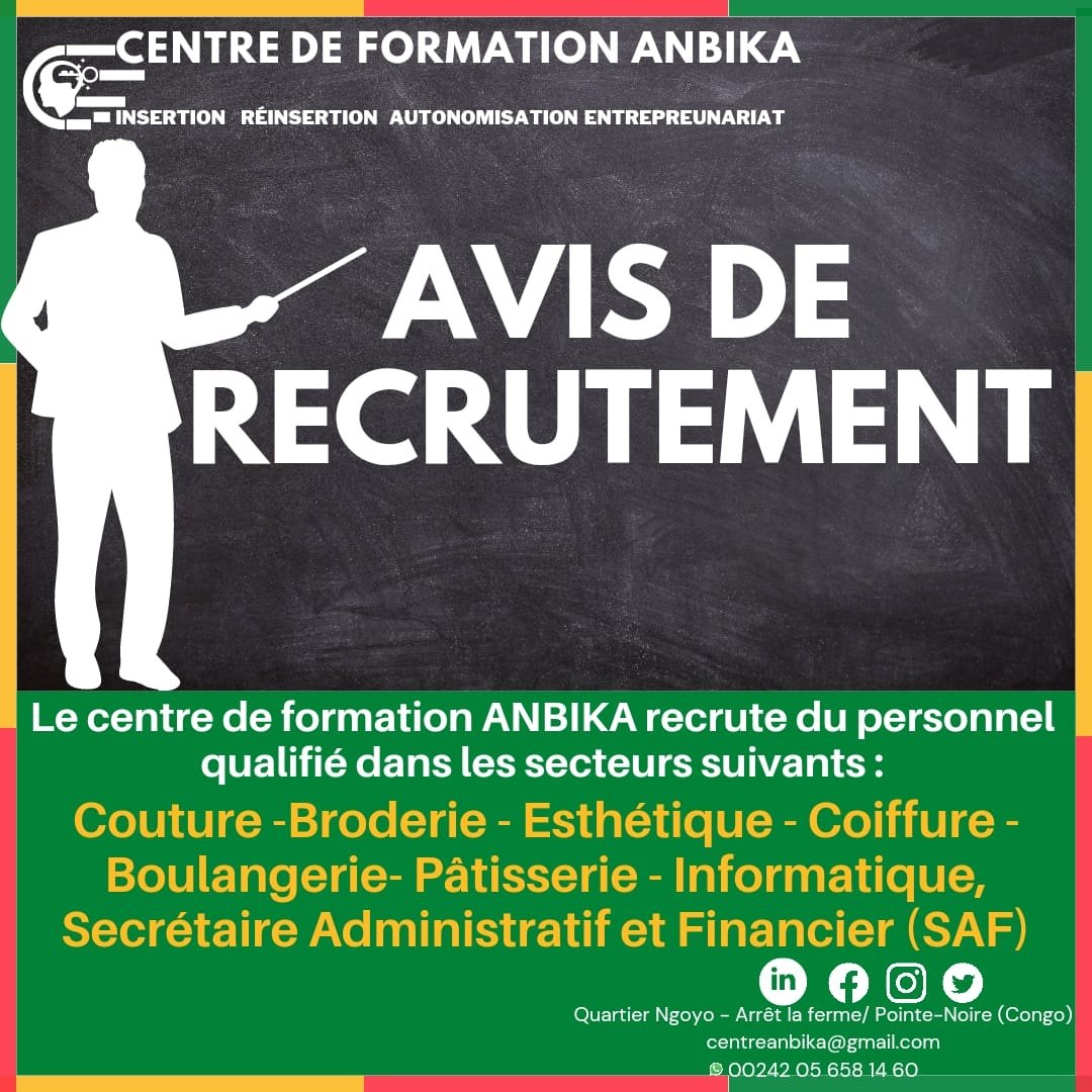BlondeOnongo's tweet photo. Nous procédons également au recrute du personnel qualifié dans les secteurs suivants :
Couture, Broderie,  Coiffure, Esthétique, Boulangerie, Pâtisserie, informatique,  Secrétariat administratif et financier

Dossier: D.Manuscrite -CV, lettre de motivation
Date limite: 13 octobre https://t.co/Tr8Q6XIo7y
