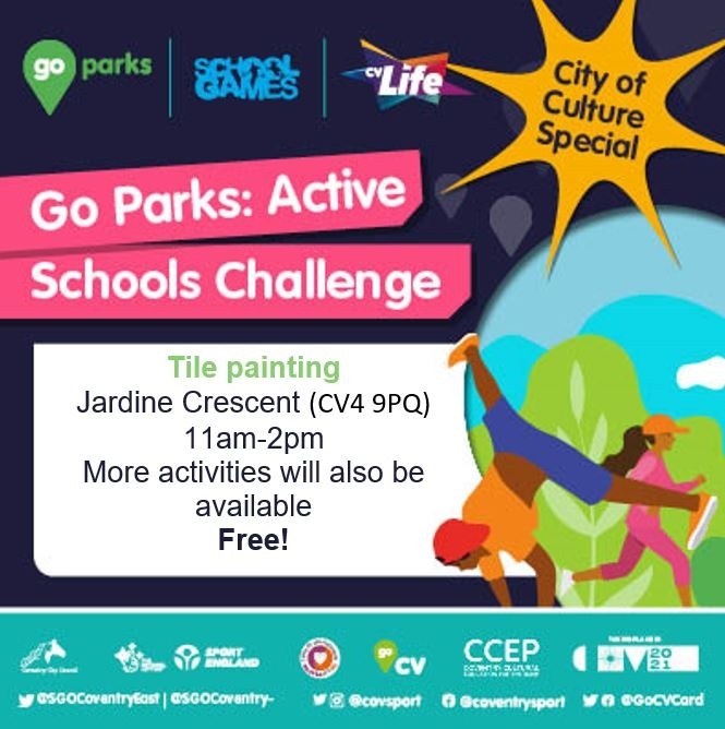 CovSport's tweet photo. 🖌️FREE EVENT FOR ALL🖌️ 

Head to Jardine Crescent today for some free tile painting, from 11am-2pm 🖼️ 

Bring down the family to enjoy the activities🤸🏾‍♂️ 

Your tiles will be displayed after, plus, you'll be able to scan the Go Parks QR code and get your 10 points too!

#GoParks https://t.co/fVzgDSLVd8