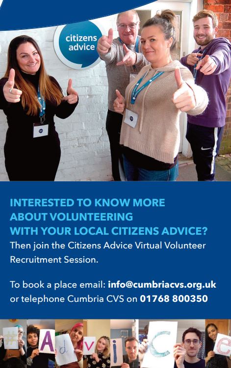 CumbriaCVS's tweet photo. This month we are hosting a Citizens Advice Virtual Volunteer Recruitment Session with   @AdviceBarrow @copeland_ca @South_Lakes_CAB @AllerdaleCAB @CarlisleEdenCA ? Join us on 20 October from 12noon-1pm online via zoom to find out more! To book email info@cumbriacvs.org.uk RT https://t.co/9YmUICUuHx