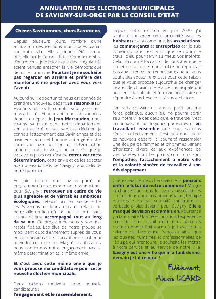Alexis_IZARD's tweet photo. ANNULATION DES ÉLECTIONS MUNICIPALES

Je regrette que des irrégularités aient entaché la vie démocratique de notre ville mais je souhaite me projeter vers l’avenir. Dans la continuité de mes engagements à Savigny, je vous propose ma candidature. 

Retrouvez notre projet ⤵️ https://t.co/P7pi4i9uYo