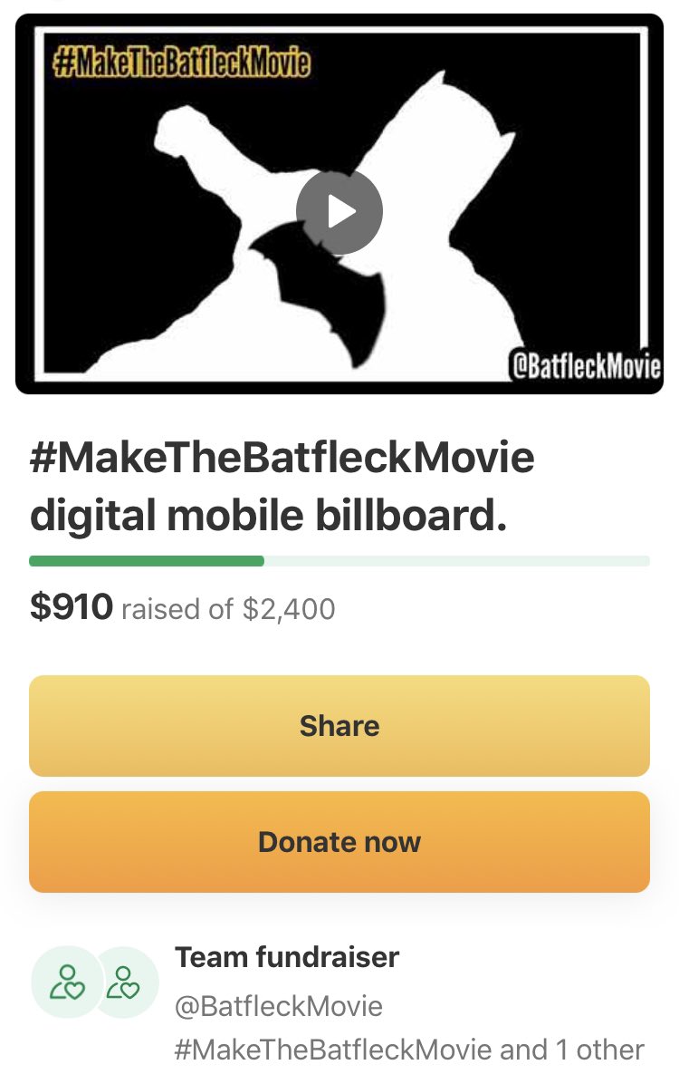 BatfleckMovie's tweet photo. AMAZING!!! We are almost at our goal to launch our #MakeTheBatfleckMovie digital billboard truck!!! 🤯🤯🤯🤯🤯
Only $290 more to go !!!!
Thank you so much to everyone who has donated so far!!!! Heroes!!!!  https://t.co/zruWcIMf00 https://t.co/lnehQyuXuy