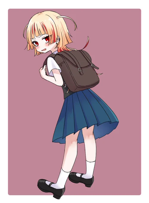 こちらは制服の美月姫ちゃん。ランドセルを背負わせたい気持ちも多々あったのですが、カーラちゃんはお金持ちのお嬢様学校に通ってそう……と思ったので、そんなイメージで描きました。完全に妄想です。 