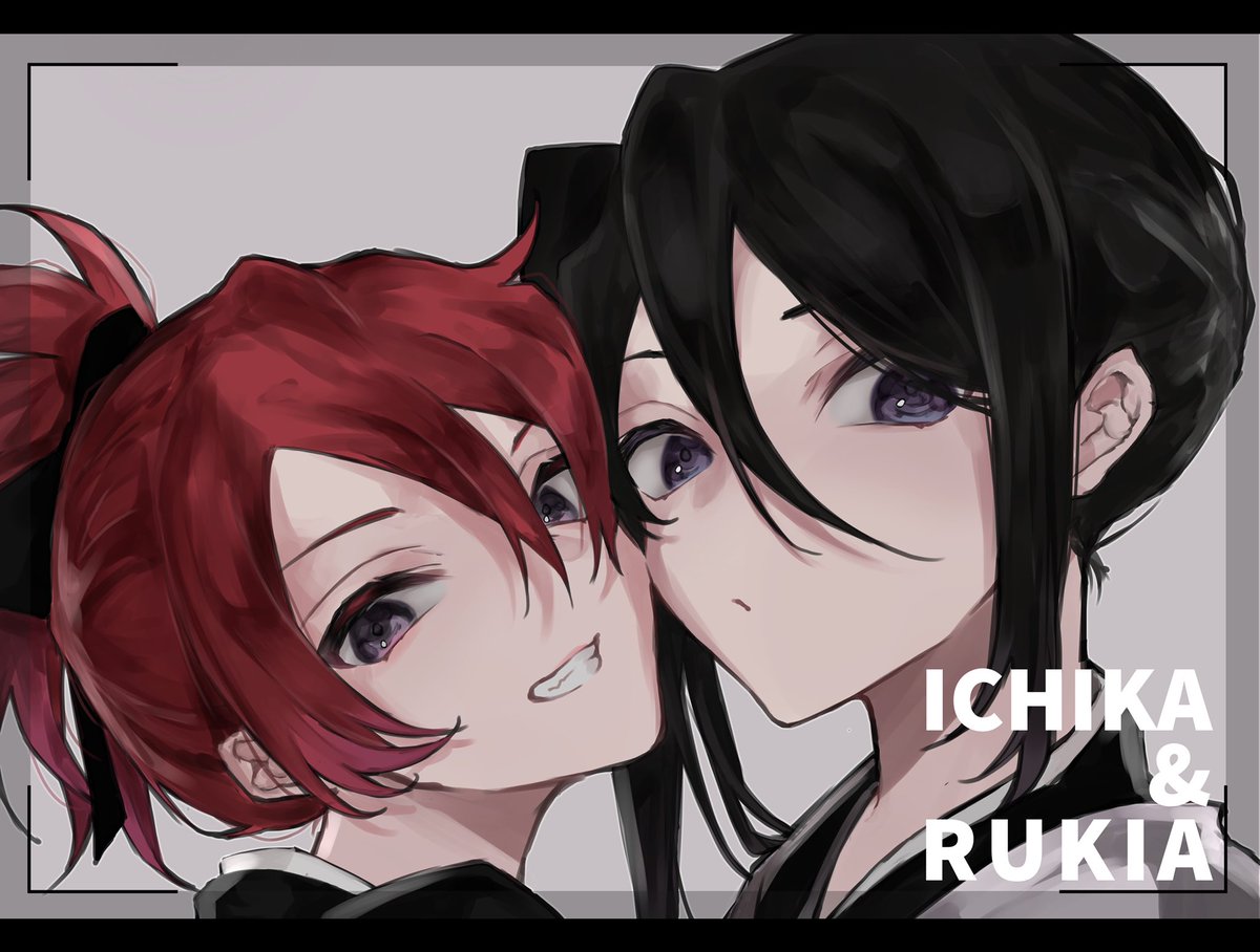kuchiki rukia 2girls multiple girls heads together black hair red hair looking at viewer hair between eyes  illustration images
