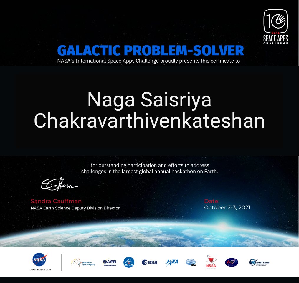 code_bts's tweet image. I am glad to have taken part in the NASA International Space Apps Challenge 2021. My love for space 🌌 has always been persistent and it was a wonderful opportunity to meet diverse people and solve the challenge with &apos;Team Marine Saviours&apos;.
#SpaceApps #NasaSpaceAppsChallenge