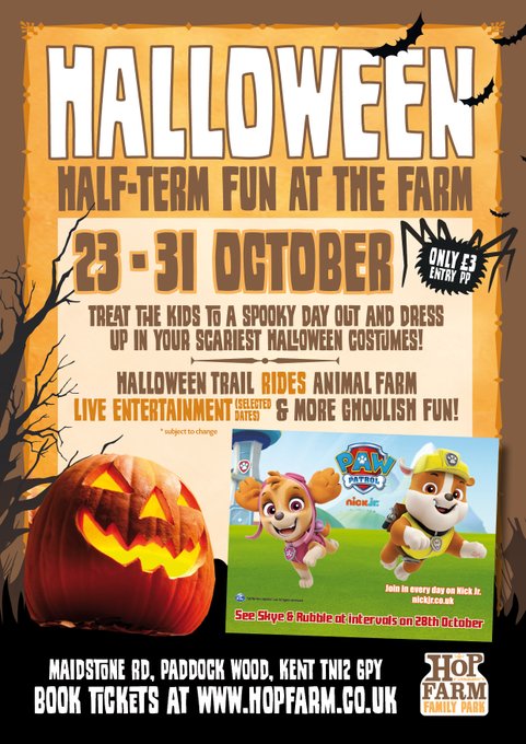 Get ready for some SPOOKTACULAR fun for the kids! October 23-31, filled with GHOULISH fun. Look out for the Halloween trail, plus all our rides, the animal farm, live entertainment & some special guest appearances on the 28th! Info & tickets he...