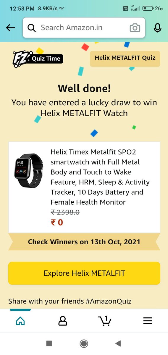 Krishna05658601's tweet image. I Won #Helix_Metalfit on #AmazonGreatIndianFestival #Fun_Zone Amazon