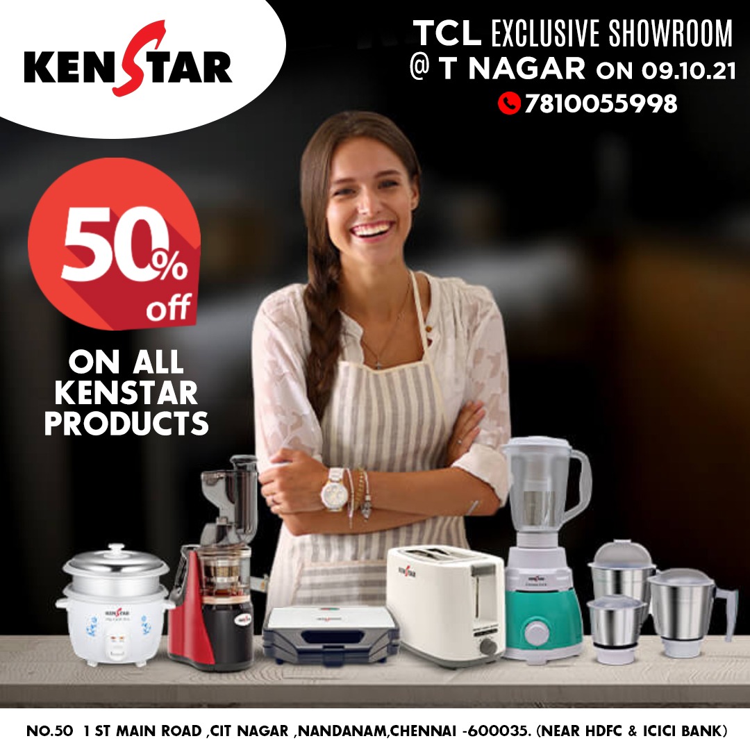 TCLChennai's tweet photo. TCL EXCLUSIVE SHOWROOM @ T NAGAR ON 09.10.21
GRAND OPENING OFFER
KEN STAR 50% OFF ON ALL KENSTAR PRODUCTS
NO.50 1ST MAIN ROAD, CIT NAGAR ,NANDANAM, CHENNAI 600035 ( NEAR HDFC &amp; ICIC BANK )
Mobile: 7810055998 https://t.co/U233ZniEmW