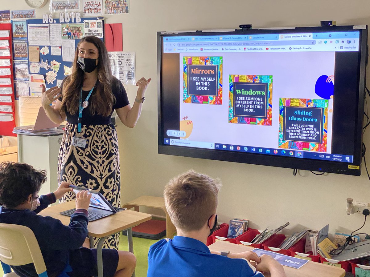 Rhonda_Kotb's tweet photo. I learned something new along with the 5th graders @DAAElementary! Before watching @k_ayoubhansen’s lesson, I’d never thought of books as Mirrors, Windows, or Sliding Glass Doors 🤔 Excellent connection &amp; #empathy with characters. Highly recommended. #collab #LiteracyED #inquiry https://t.co/a8SajTEviv