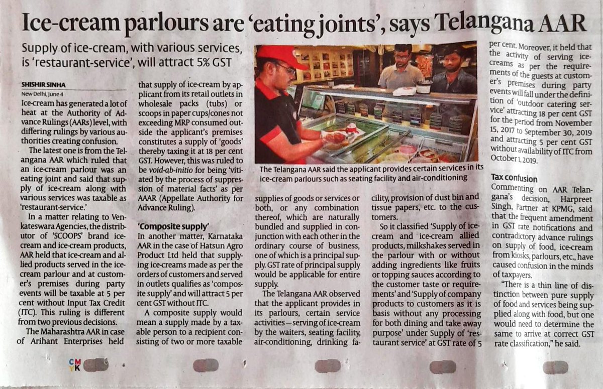 pgunapalan's tweet photo. @EconomicTimes So what happens to existing rulings by Authority of Advance Rulings (AARs) on this subject? Telangana AAR has ruled that ice cream parlours are ‘eating joints’ and supply of ice cream is to be treated as ‘restaurant service’. #IceCreamGST https://t.co/pKXG5nOmgR