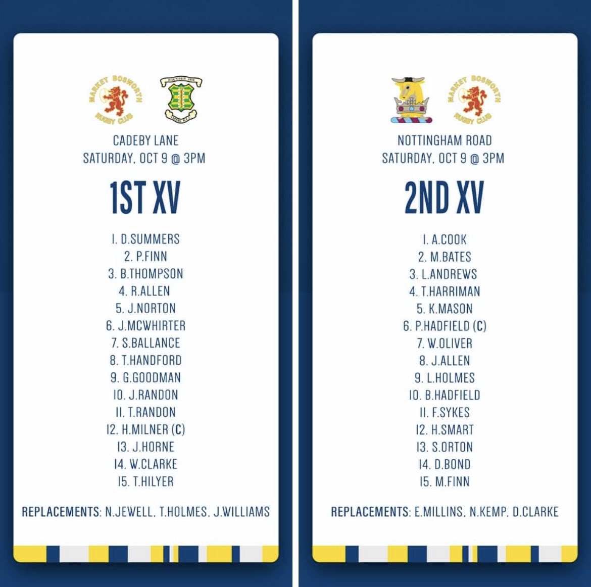 Bosworth_rugby's tweet photo. π ππππ ππππ
Here are our squads for the seniors league fixtures this weekend, which also includes the first VP dinner of the season.
1st Team v Vipers (Home) KO 3pm
2nd Team v Ashby (Away) KO 3pm
π΅π‘ #MBRFC https://t.co/2XzTKvMlcV