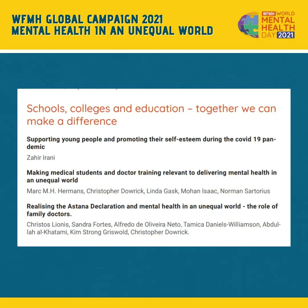 As we arrive at the final two days of our Global Campaign 2021, we would like to highlight the global efforts for the advancement of Mental Health in an Unequal World, sharing the Narratives of Lived Experiences, NGO download and read all the articles at wmhd2021.com