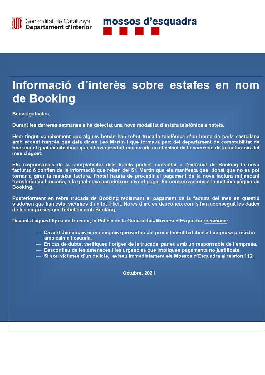 AjSCFarners's tweet photo. 🚨L'#ABP de la #SelvaInterior dels @mossos alerta de dues noves modalitats d'estafa: estafes telefòniques a hotels en nom de @bookingcom i estafes relacionades amb #criptodivises.

📞Si sou víctimes d'un delicte, truqueu immediatament al 112.

#SCFarners #Seguretat #Policia https://t.co/hc71T6EIQt